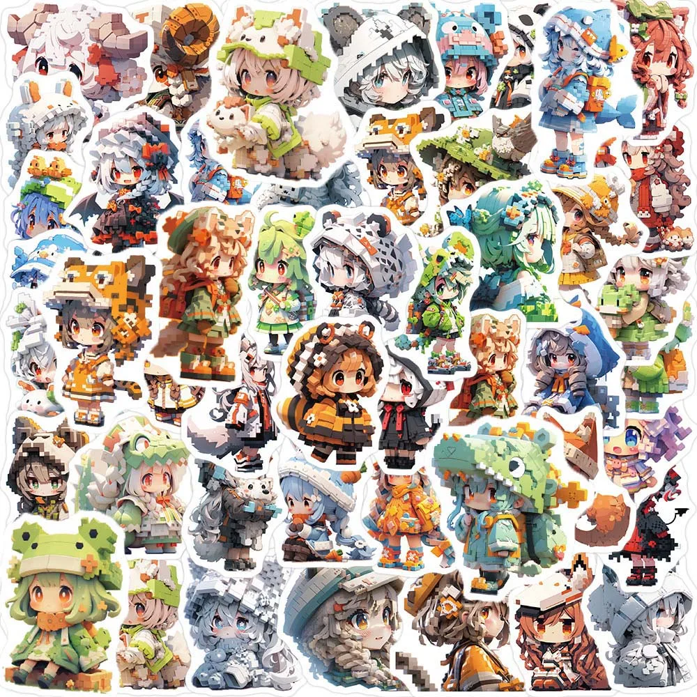 10/50pcs Pixel Style Cute Girls Stickers Pack for Kids Toy Scrapbooking Travel Luggage Laptop Cartoon Graffiti Waterproof Decals