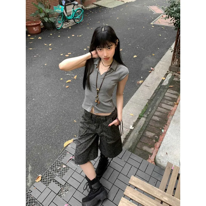 American Retro Oversized Jeans for Women Streetwear Leopard Print Casual Loose Denim Capri Pants Summer All-matched Shorts