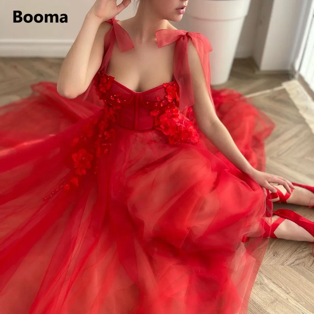 Booma Red Sweetheart Prom Dresses 2022 Flowers A-Line Tulle Prom Gowns with Pockets Tied Bow Straps Long Wedding Party Dresses