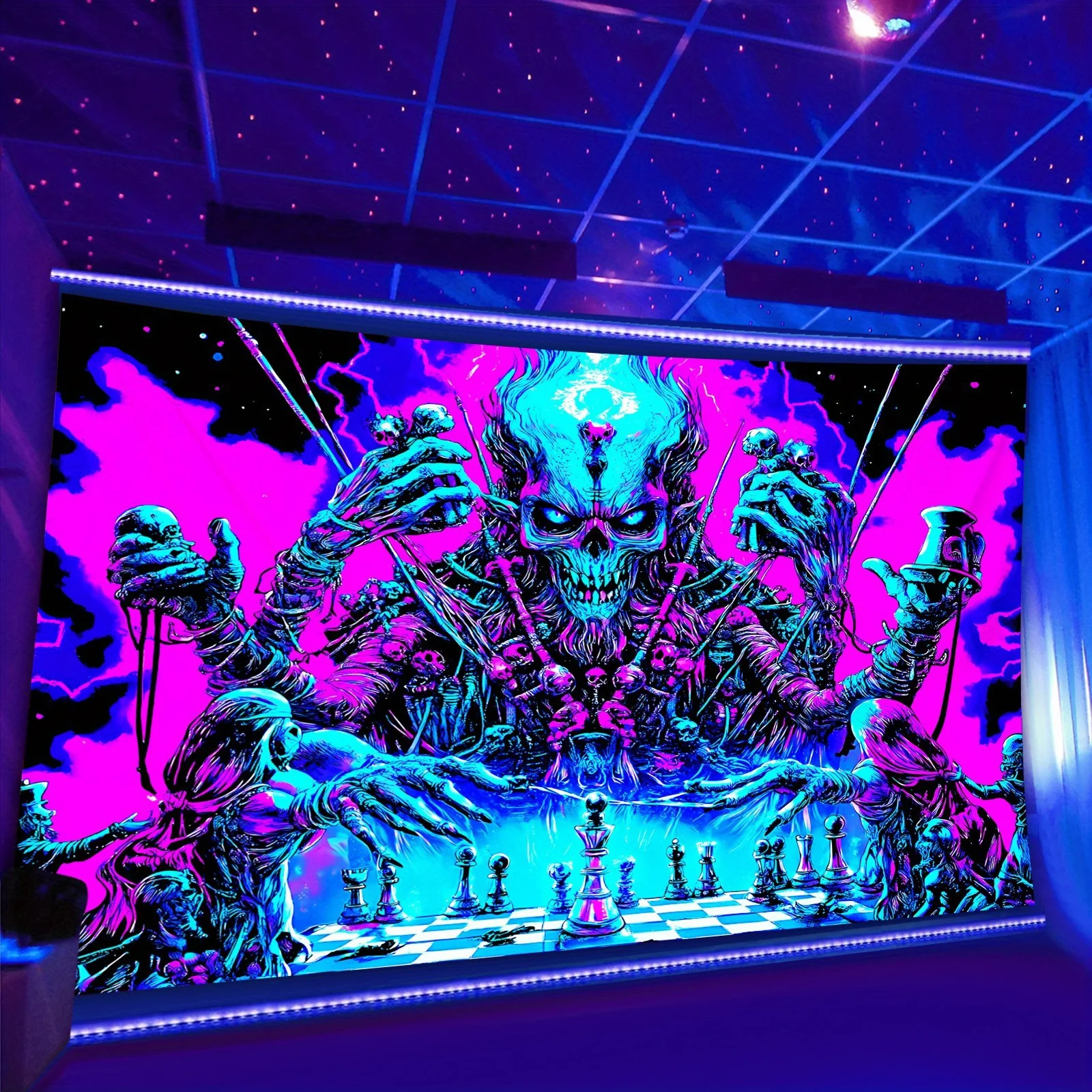 VIKAMA Diablo Wandteppich, mehrarmiges Skelett, Blitz, Gaming, Zimmer, Bar, Dekoration, Wanddekoration im Cyberpunk-Stil