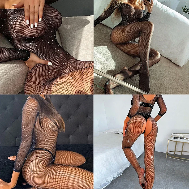 Bodysuit Strakke Open Mesh Kousen Met Uitgeholde Borst Onthullende Passie Jumpsuit Vrouwen Sexy Kleding Erotische Lingerie Vrouw