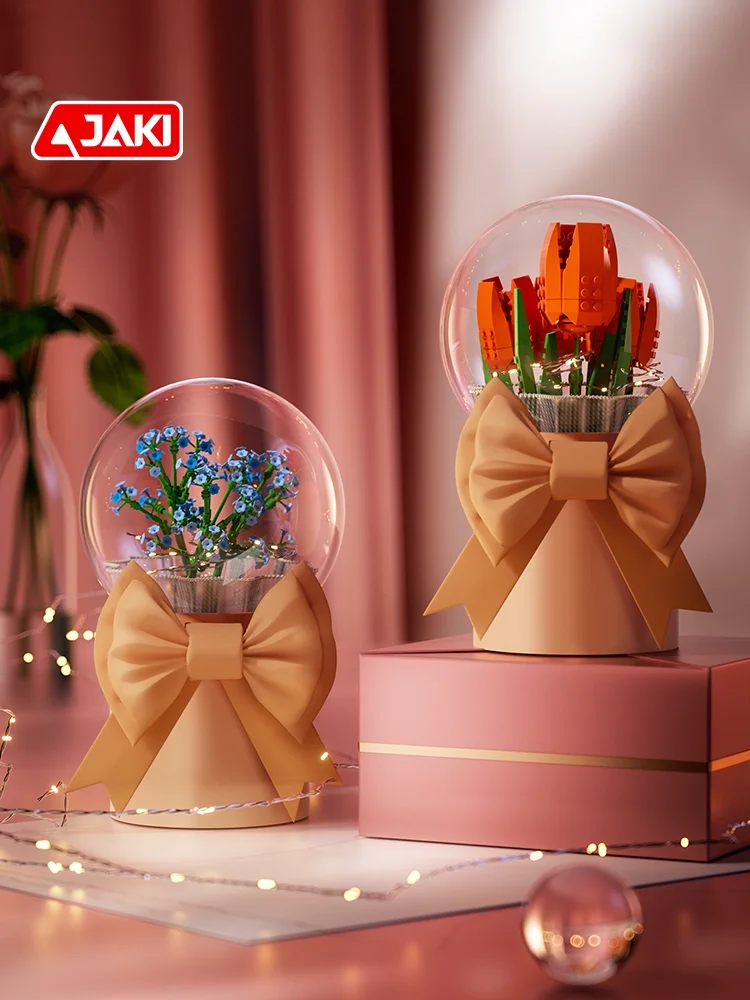 

Строительные блоки JAKI, вечные цветы, роза, музыкальная шкатулка, бобо, шарик, букет в сборе, подарки для девочек на день рождения и День святого Валентина