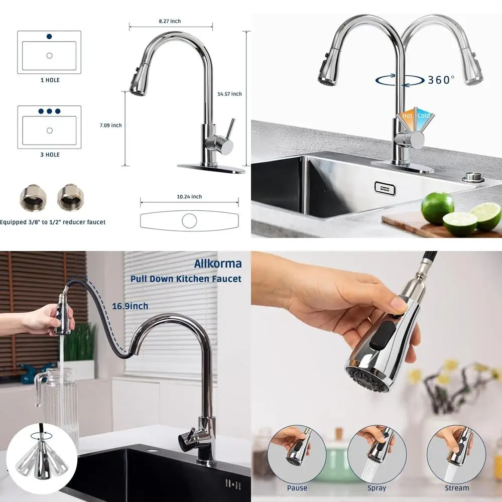 

High Arc Single Handle Kitchen Faucet with Pull-Down Spray, 1-3 Hole Deck Mount, Stainless Steel, Polished Chrome Finish