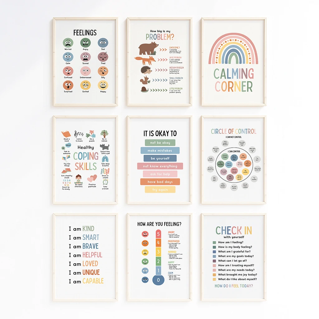 Toile d'art mural éducative colorée, tableau des sentiments pour enfants, compétences de copage, Aphirmations positives, imprimés arc-en-ciel pour décoration de chambre à coucher