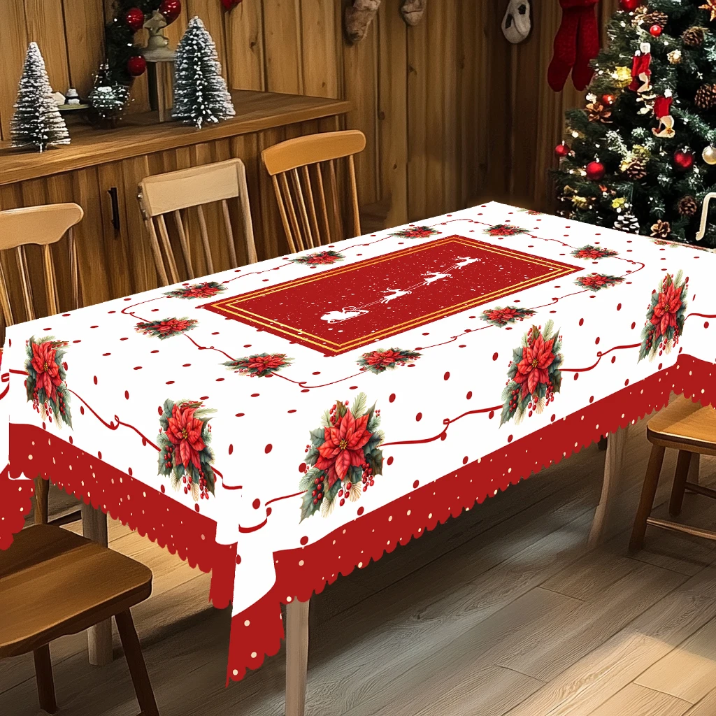 1 Piece of Christmas-Themed Red Printed Tablecloth, Vintage Country Farmhouse Style, Reindeer, Christmas Flower Pattern Design, Suitable for Christmas, New Year's Parties, Party Decorations, Kitchen Accessories, Room and Outdoor Decorations, Gift for Friends, Rectangular and Round Tablecloths, Various Sizes Available