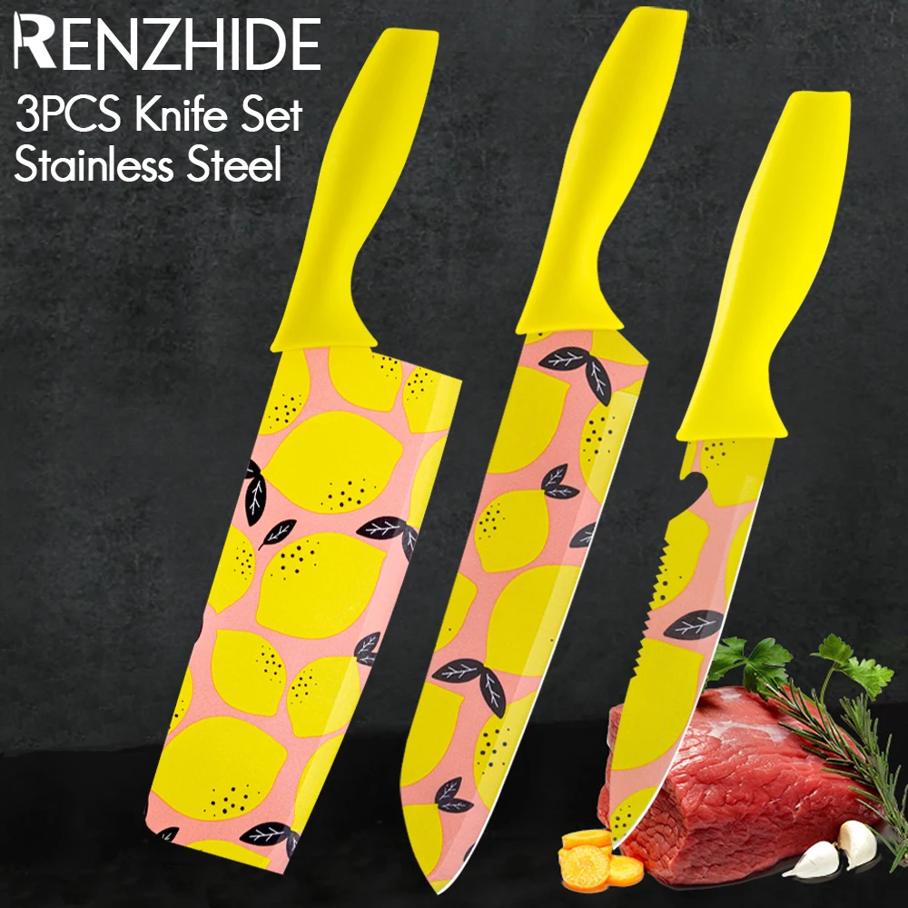 RZD 3pcs Stainless Steel Kitchen Chef Knife Set Paring Peeling Fruit Meat Cleaver Chopping Knife Slicer Cutting Mincing Tools