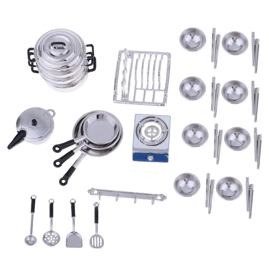 1/12 Miniaturowe akcesoria kuchenne do domku dla lalek, metalowe naczynia kuchenne, zestaw modeli naczyń do gotowania