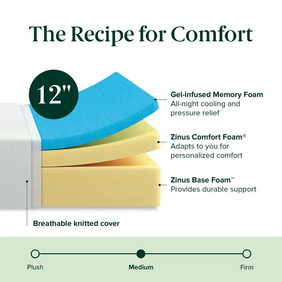 Matelas en mousse à mémoire de forme refroidissante au thé vert de 12 pouces, nouvelle version, double, sans fibre de verre, fermeté moyenne, mousse de gel rafraîchissante, certifiée