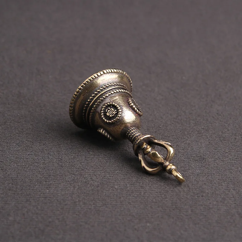 Vintage Brass Tibetan Style Hand Cranked Diamond Bell Keychain Auspicious Decorative Pendant ﻿