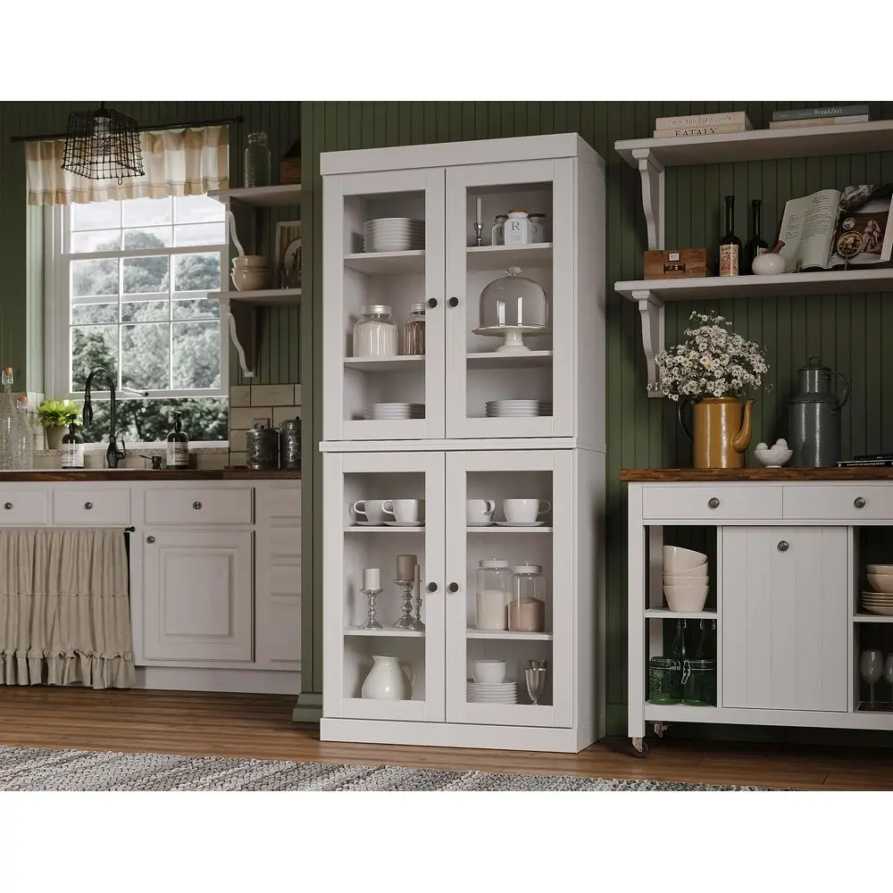 

100 Solid Wood Kitchen Pantry w 4 Glass Doors, White, 32 w x 71.5 h, Renewable EcoFriendly Wood, Made in Brazil