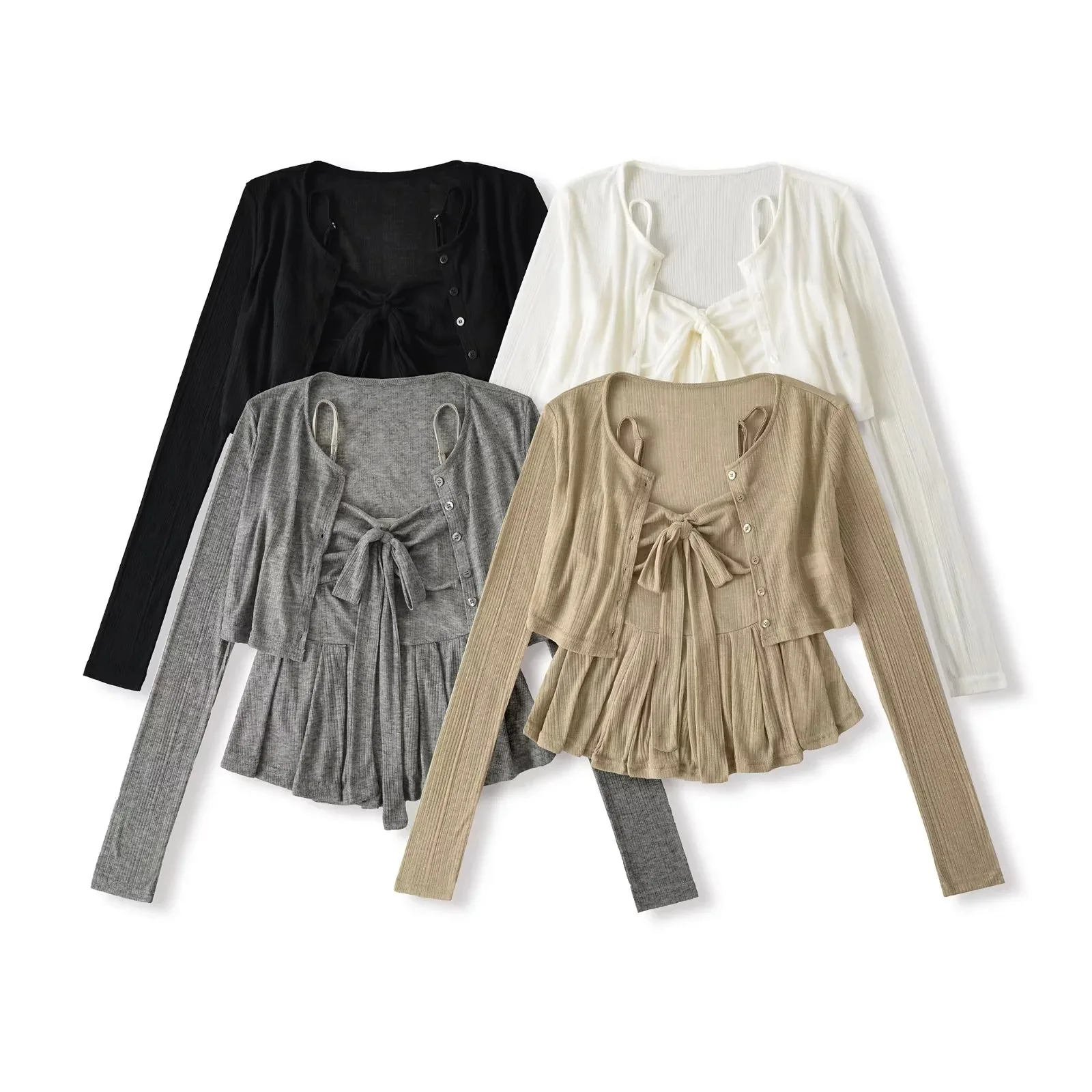 

Милая девушка, элегантный однотонный облегающий топ на бретельках с узлом-бабочкой Pure Desire плюс открытый кардиган с длинными рукавами, комплект из двух предметов для женщин