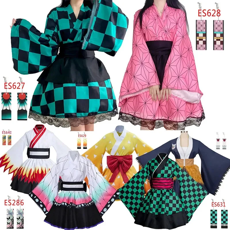 Disfraz de Demon Slayer para mujer, kimono Lolita Kamado Nezuko, kimonos japoneses, vestido de Carnaval de encaje de Anime