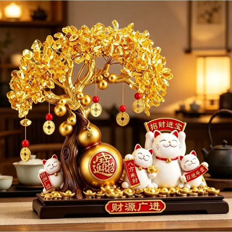 Fortune Tree and Lucky Cat Ornaments for Living Room, Shop, Cashier Counter, High-End Decorations, Housewarming and Opening Gifts