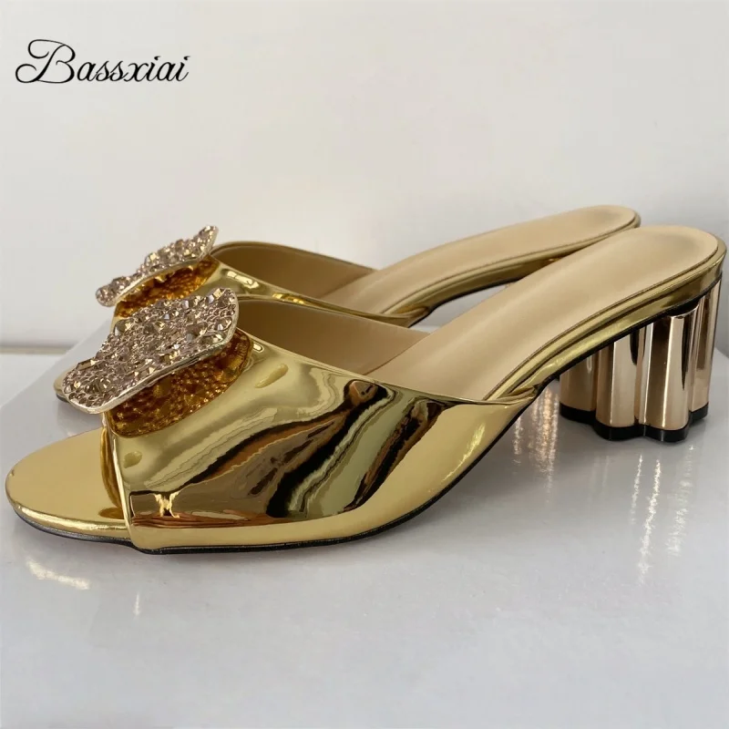 

Jeweled Crystal Buckle Decor Sandals Women Novelty Strange Heel Luxury Patent Leather Slingbacks Summer Shoes