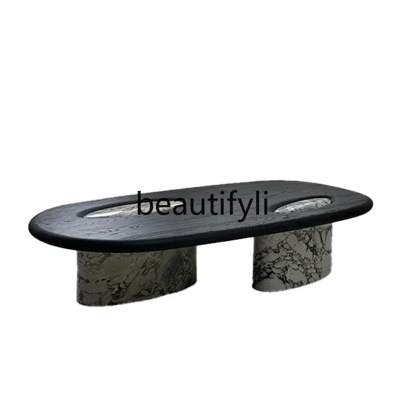 

Simple solid wood oval marble special-shaped coffee table villa marble tea table