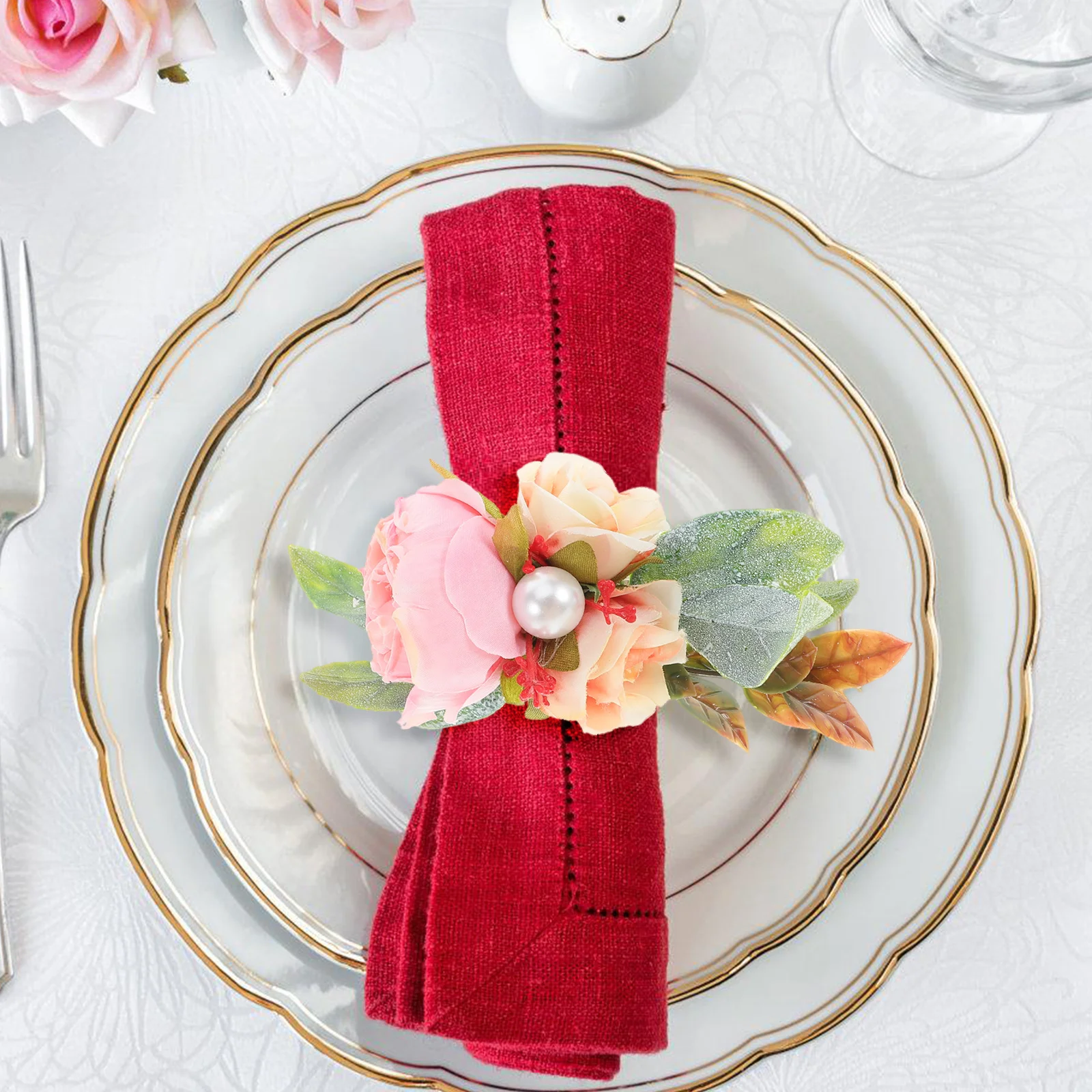 

3 Pcs Artificial Rose Napkin Ring Black Bow Dinner Serviette Holder Wedding Banquet Table Decorations Floral Rustic