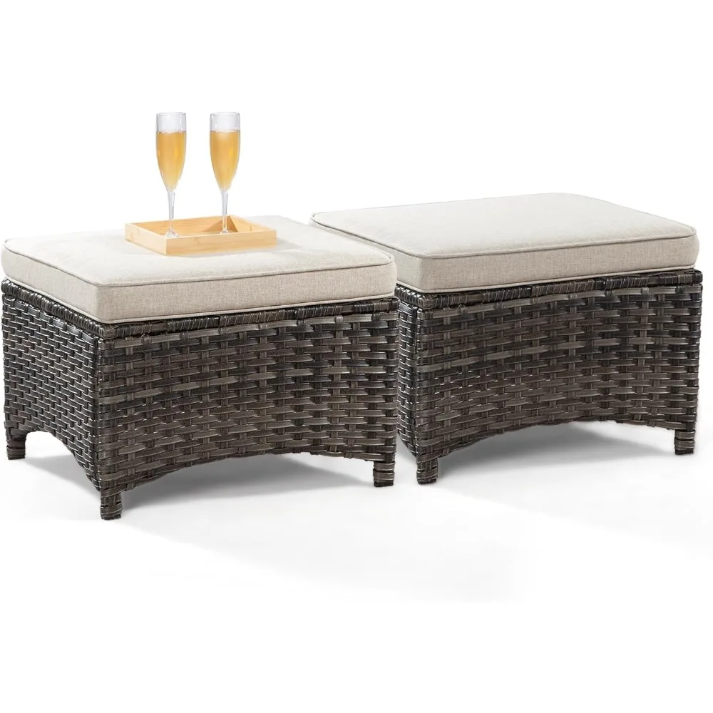 

Outdoor Ottomans for Patio Set of 2 PE Wicker Steel Frame Outdoor Footstool with Removable Olefin Cushions for Garden