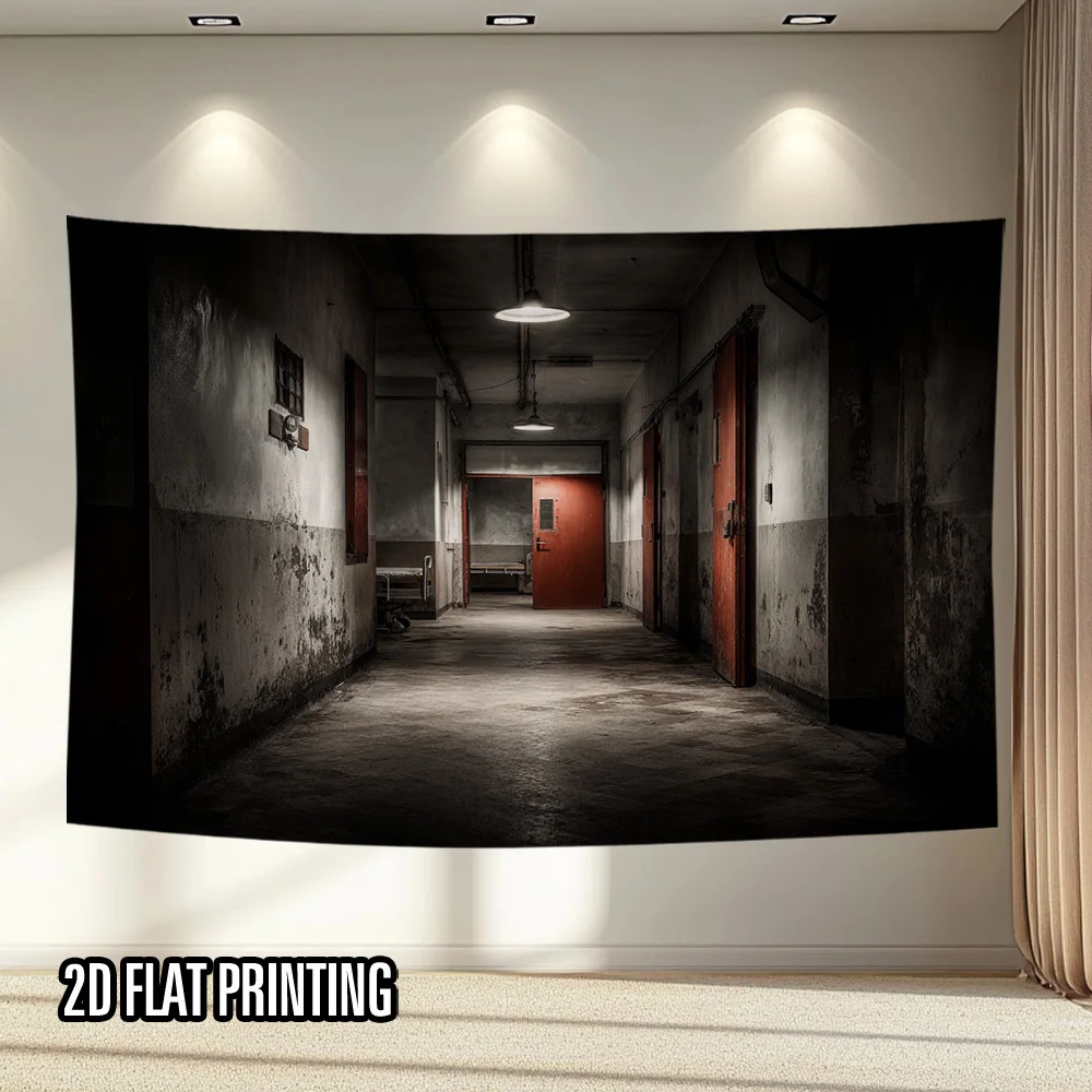 Un bannière de fond de couloir d'hôpital abandonné d'Halloween - Décoration murale en tissu polyester durable, ornement d'Halloween