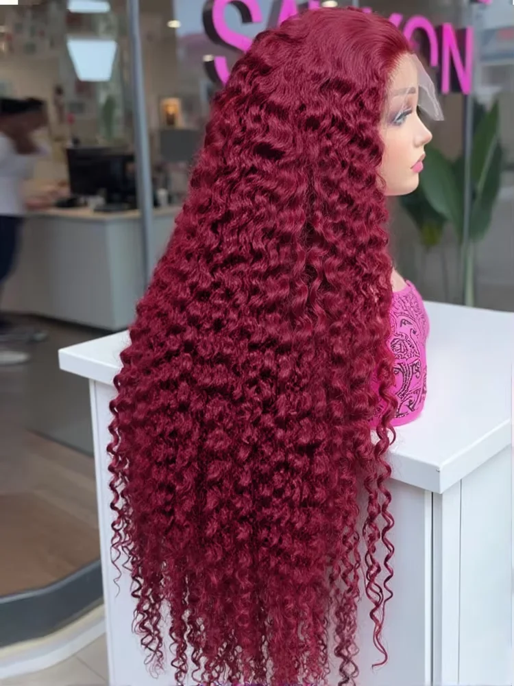 

250 Density Curly 99J Burgundy 13x4 Lace Front Wig Red Wine 32 Inch Deep Wave Brazilian HD Glueless Lace Frontal Human Hair Wigs