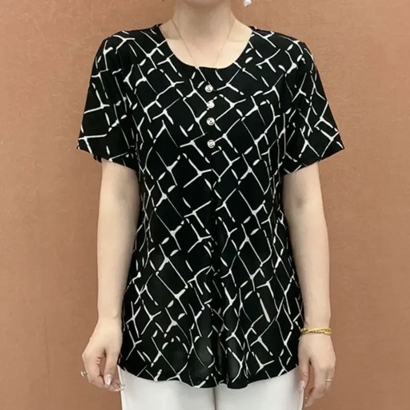 Summer Short-sleeved T-shirt Base Layer Middle-aged Elderly Women's Clothing Stylish Top That Conceals Flaws