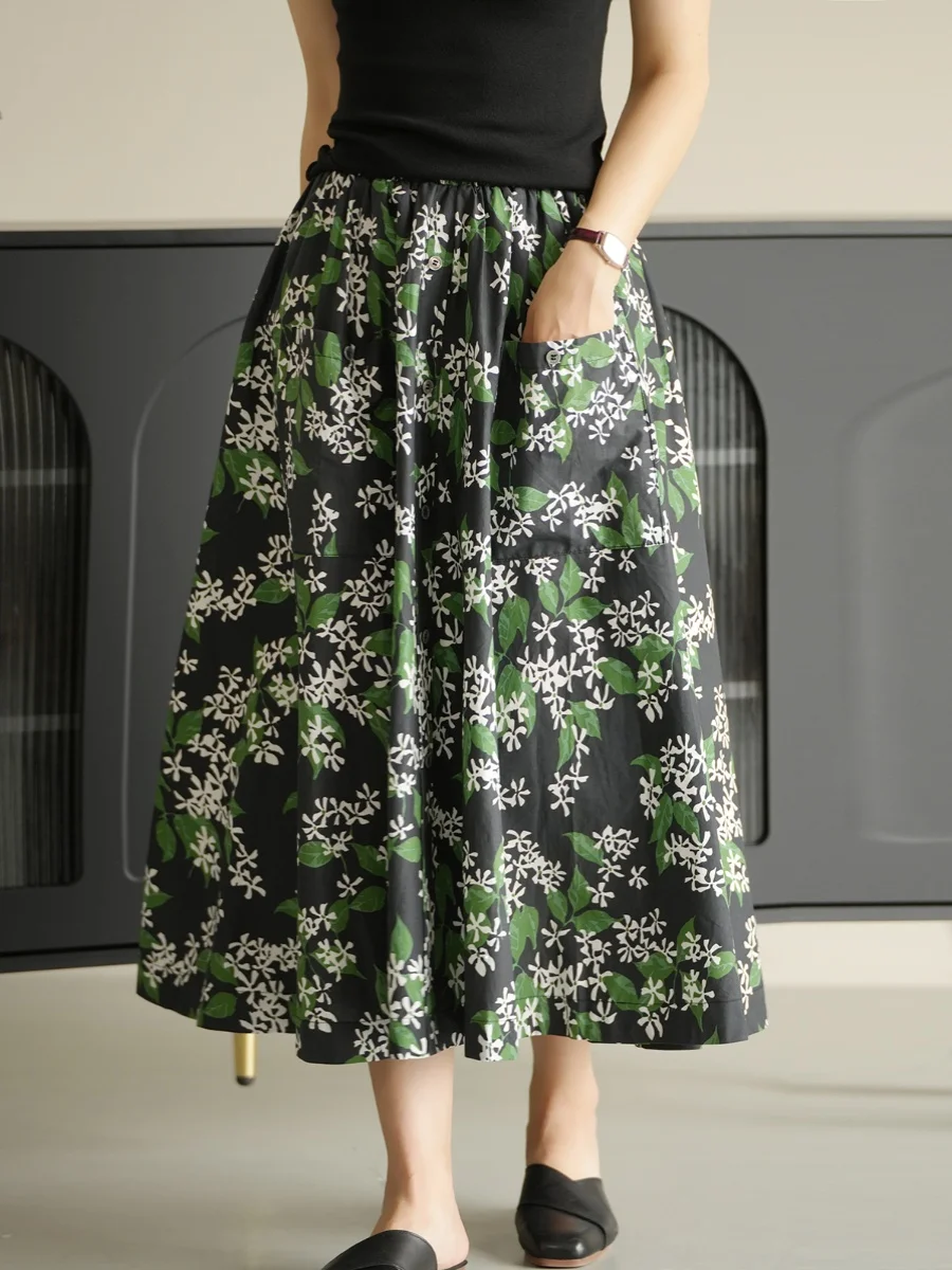 Retro floral algodão a linha midi saia feminina verão f-comprimento saias doce sle cintura alta impressão hemline padrão floral