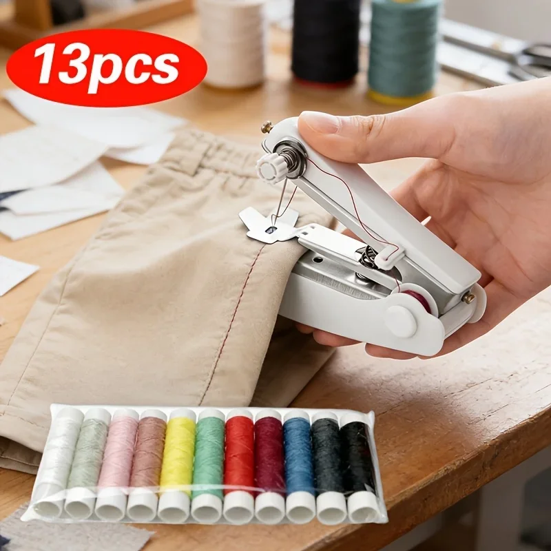 Handheld Sewing Machine 13pcs Set Portable Mini Sewing Machine White Handheld Manual Sewing Tool Household Easy Sewing Machine F