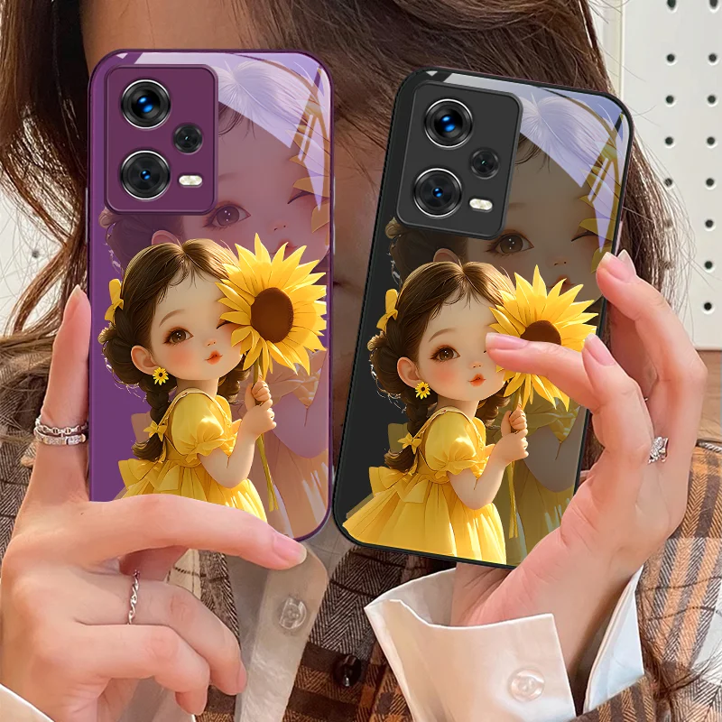 

Sunflower Girl Pink For Xiaomi 14 Ultra 13 Lite Redmi Note 13 11 Pro 12 Plus Poco X6 3 Pro F4 6 GT Tempered Glass Phone Case