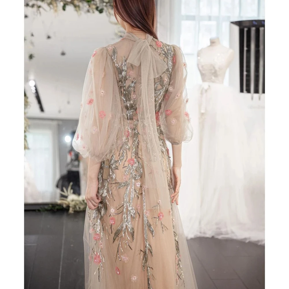 Prom Dresses Fashion High Neck Floral Print Evening Gowns Sparkly Elegant Sequined Appliques Flowers A-Line Party Dresses