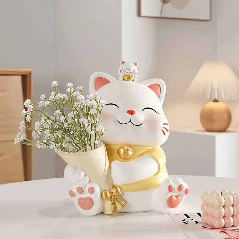 Cartoon Wealth Attracting Cat Bouquet Ornament,Living Room TV Cabinet Foyer Desktop Storage,Morandi Color Scheme Vase Decoration