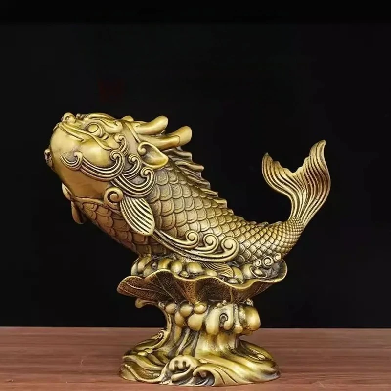 Feng Shui Brass AoYu Fish Statue Dragon Head Fish Success Figurine for Desk