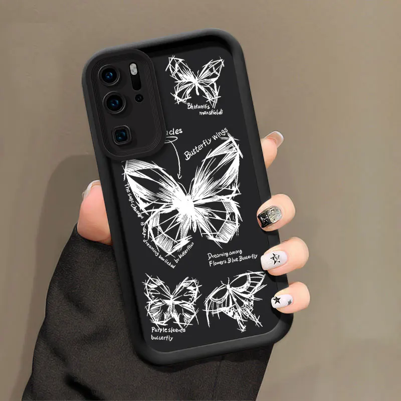 White Butterfly Printing Phone Case For Huawei P50 P30 P20 P40 Pro Lite Camera Lens Protection Shockproof Silicone Soft Cover