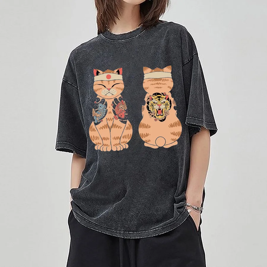 Japanese Two Orange Cat Print Women Wash T-Shirt Oversized Loose Short Sleeve Cotton Breathable Casual Retro Top 2024 Summer