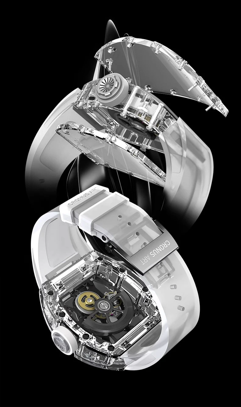 Reloj Automático CRONUSART para hombre, reloj de pulsera mecánico Tonneau de lujo, caja de cristal, correa luminosa de fluororubber, esqueleto