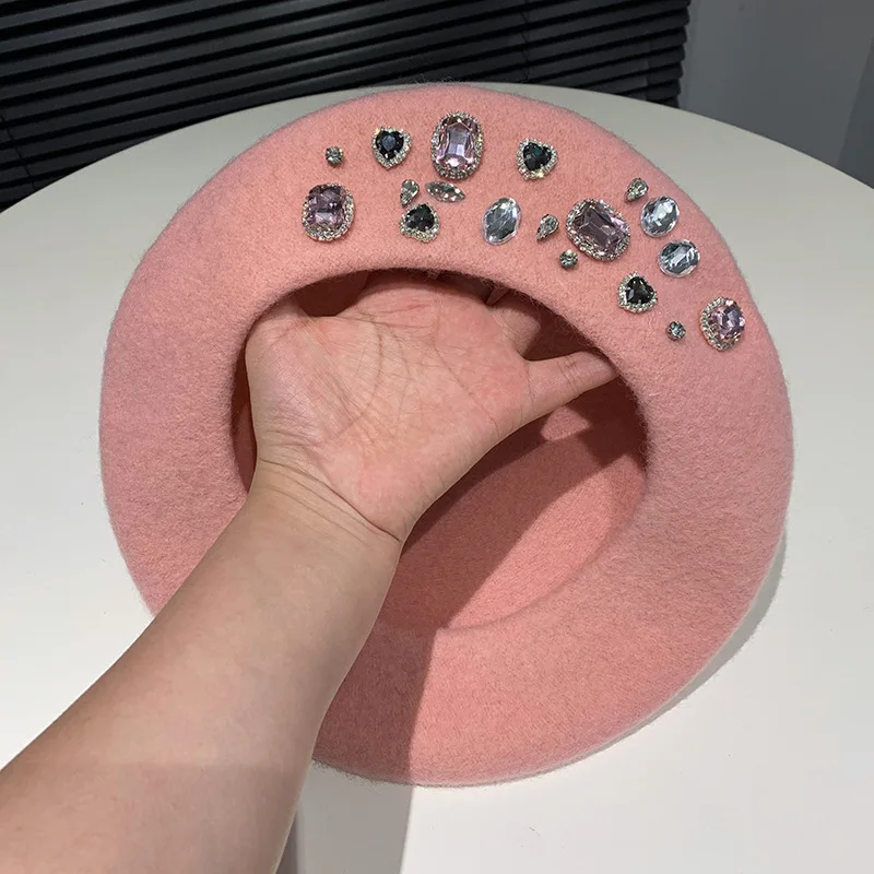 2024 Berets Women Hat Brimless Stretchy Comfortable Rhinestone Y2K Cap Autumn Female Flat Color Cotton