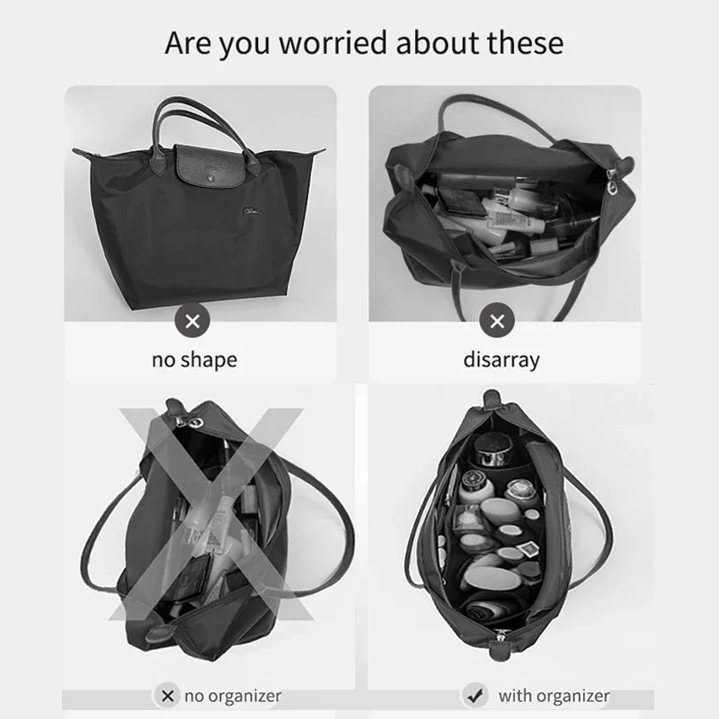 Tas masukkan Organizer Aksesori Upgrade modifikasi untuk tas tangan Longchamp tas bahu bentuk tetap garis dalam ruang besar