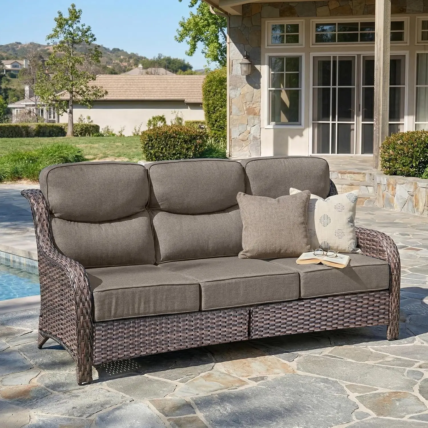 

Luxury 6" Thick Cushioned PE Wicker 3-Seater Outdoor Couch, All-Weather Comfortable Modern Patio Sofa, High Back Deep, Custom