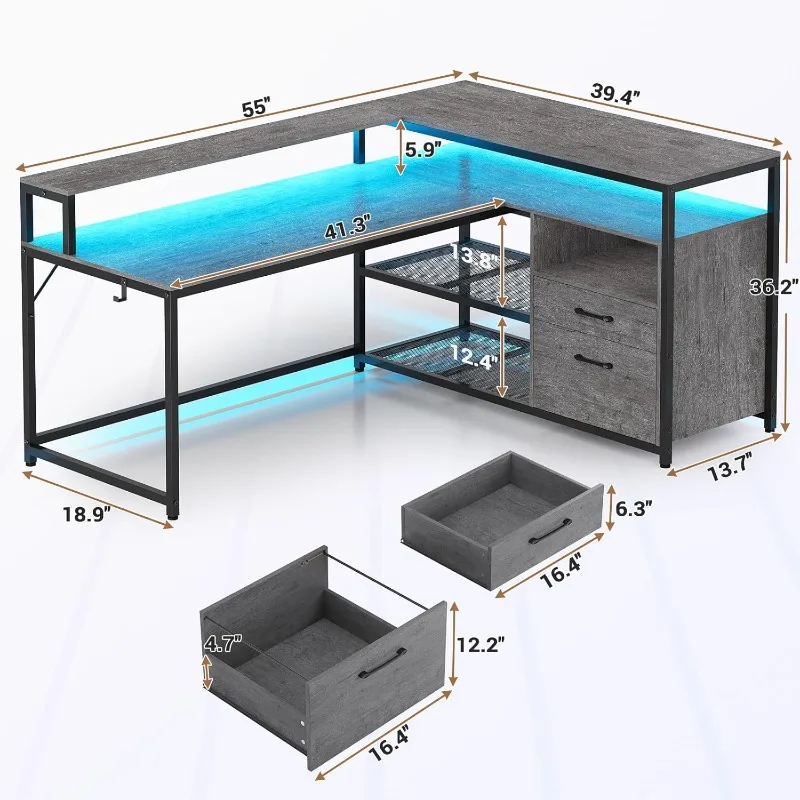 서랍이 있는 코너 컴퓨터 책상, 파일 서랍 및 보관 선반이 있는 55 인치 컴퓨터 책상, LED 조명이 있는 L 자형 게임 책상