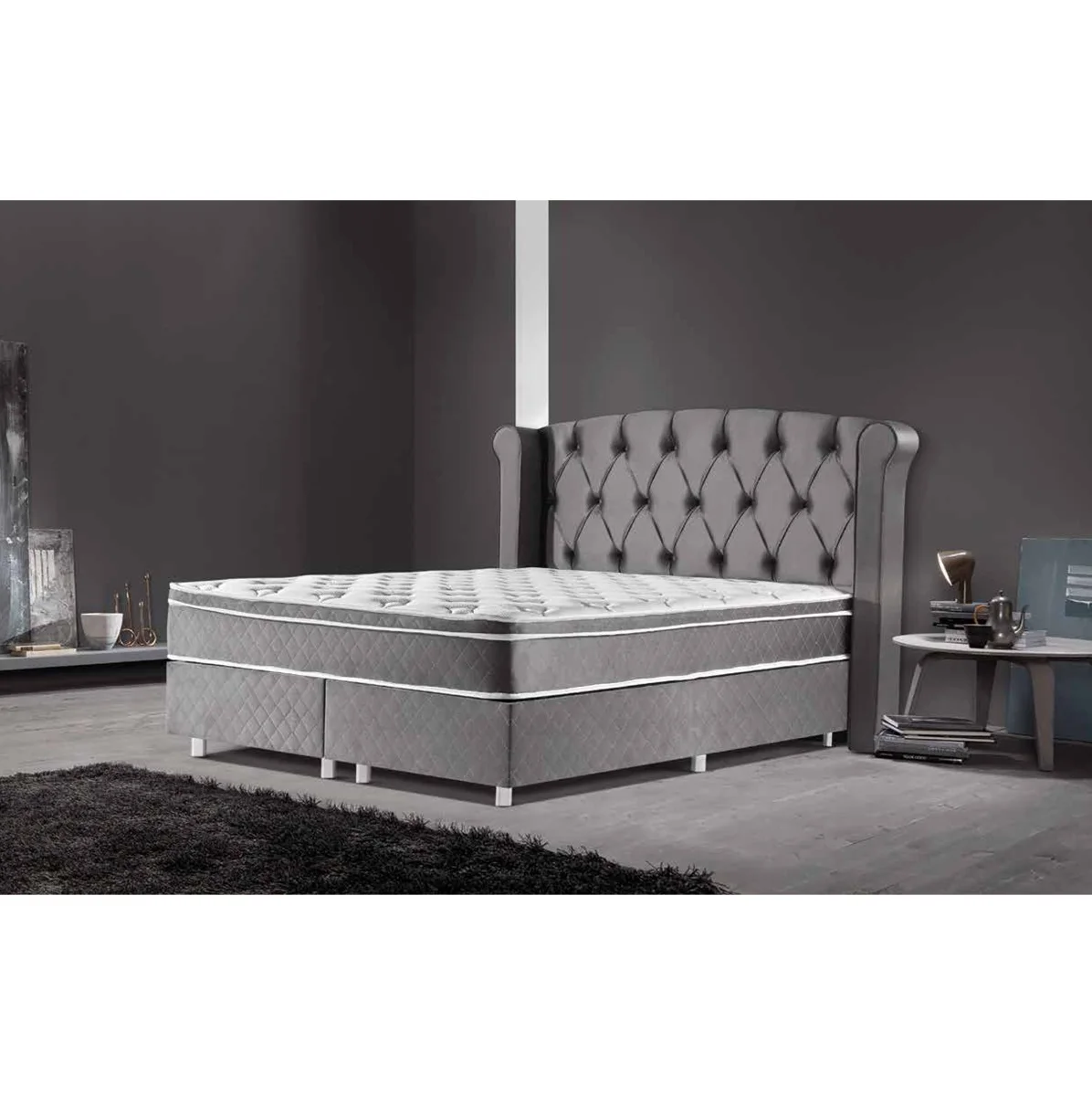 Boxspring Hotel Bed With Storage And Mattress Pocket All Size Button Tufted Board Bedbase Dressers Bedroom