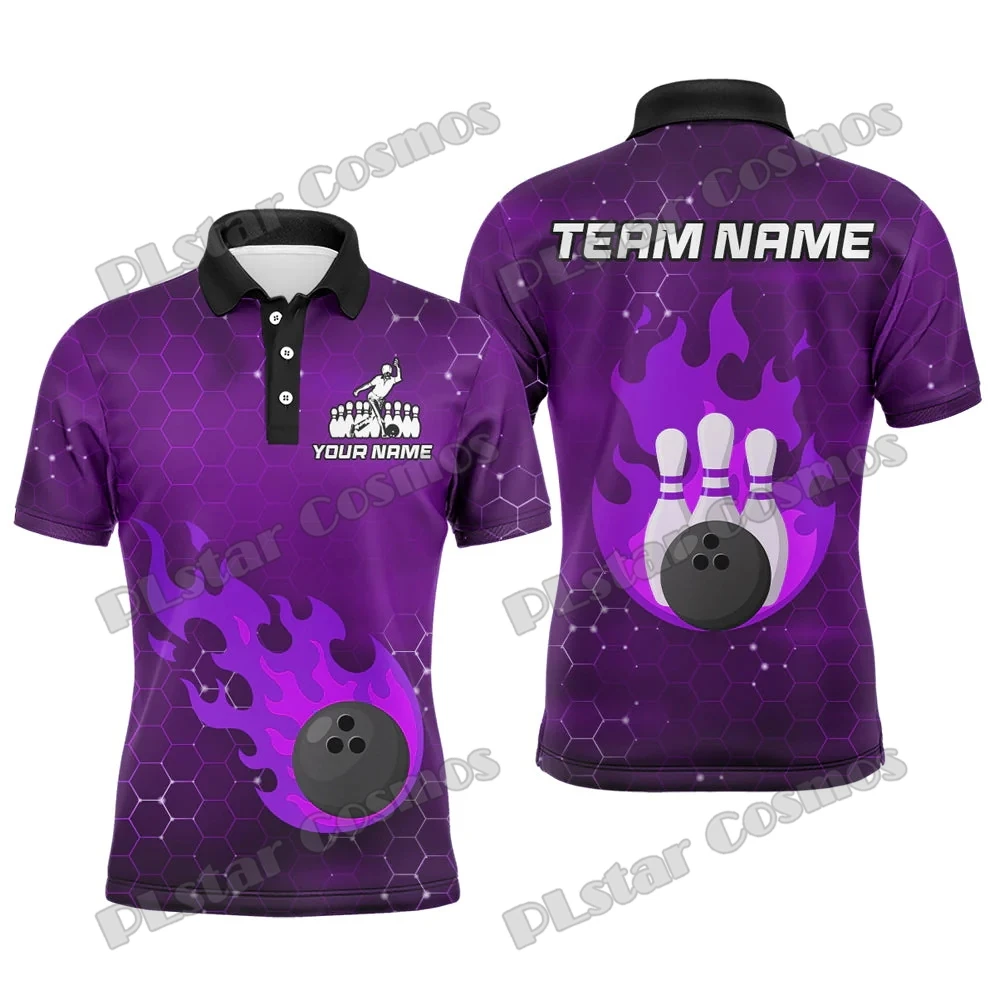 3D Printed Bowling & Pins Flame Skull Polo Shirt with Custom Name Summer Casual Unisex Smoke Pattern Men's Short Sleeve Tee WK25