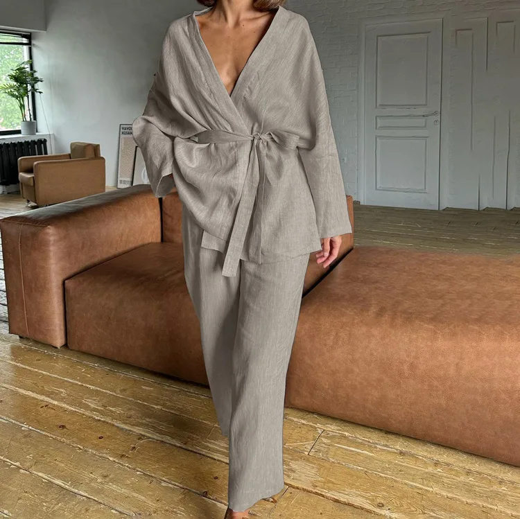 2026 Nieuwe Casual Kaki Tweedelige Outfits Vrouw Herfst V-hals Lange Mouwen Lace-Up Shirts En Eenvoudige Rechte Broek vrouwelijke Sets