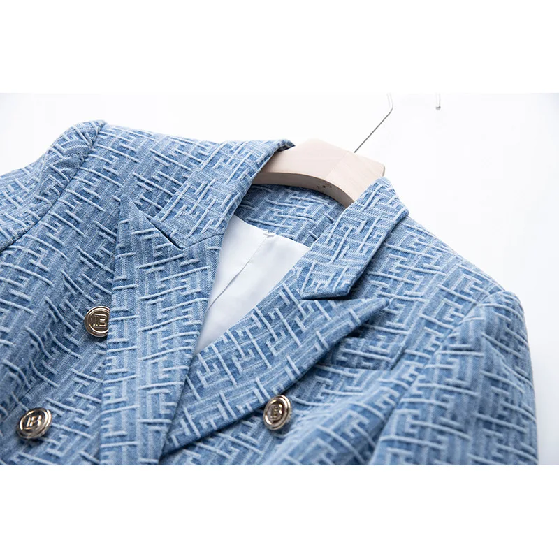 2024 Elegant Women\'s Blazers Spring Autumn Denim Jacquard Jacket Ladies Gold Button Slim-fit Suit Women Smart Commuter