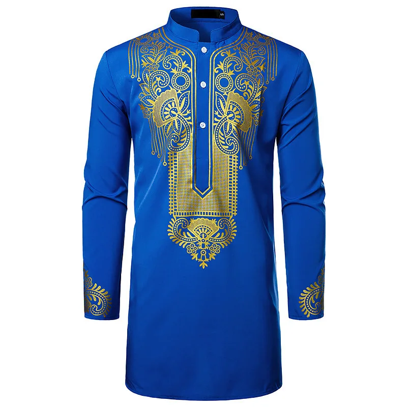 Muslim 2023 New Casual Islamic Arabic Abaya Robe Cosplay Ethnic Print Stand Collar Youth Mid-Length Shirt Coat Men Costumes