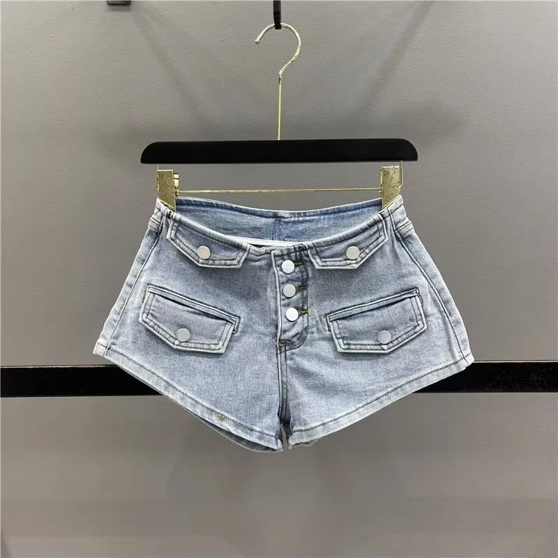 Celana pendek Denim celana Jeans elastis untuk wanita, celana pendek Denim pinggang rendah, celana jins elastis ramping model a-word, celana pendek biru langit, celana pendek Super kancing, pinggang rendah, seksi, musim panas, untuk wanita