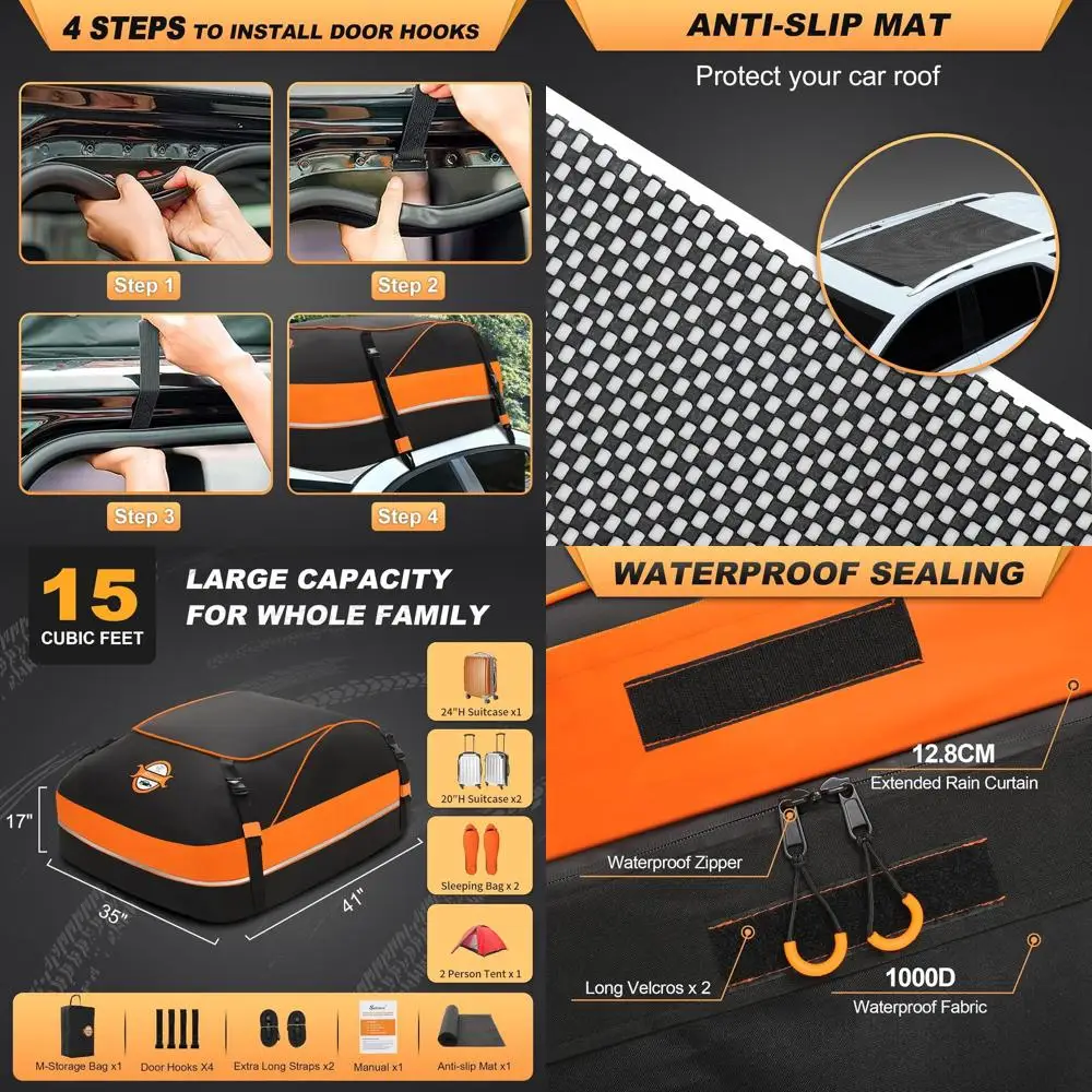 

Водонепроницаемая сумка на крышу 15 кубических футов, подходит для автомобилей без багажника, включает ремни и крючки.