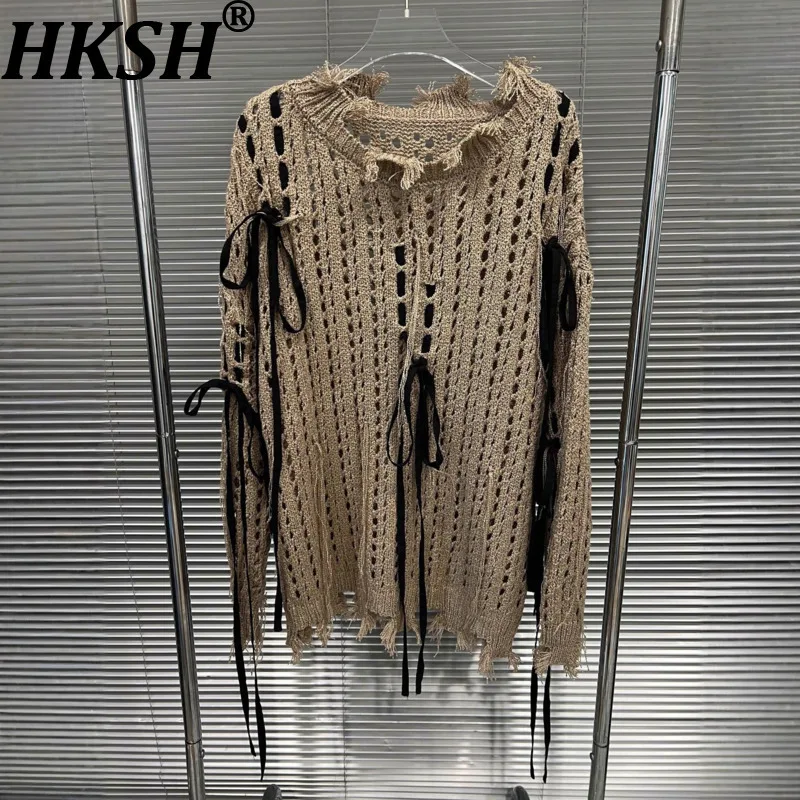 

HKSH Autumn New Women Sweater Hollow Out Bow Lace-up Contrast Color Versatile Stylish Streetwear Korean Chic Knitted Top HK12064