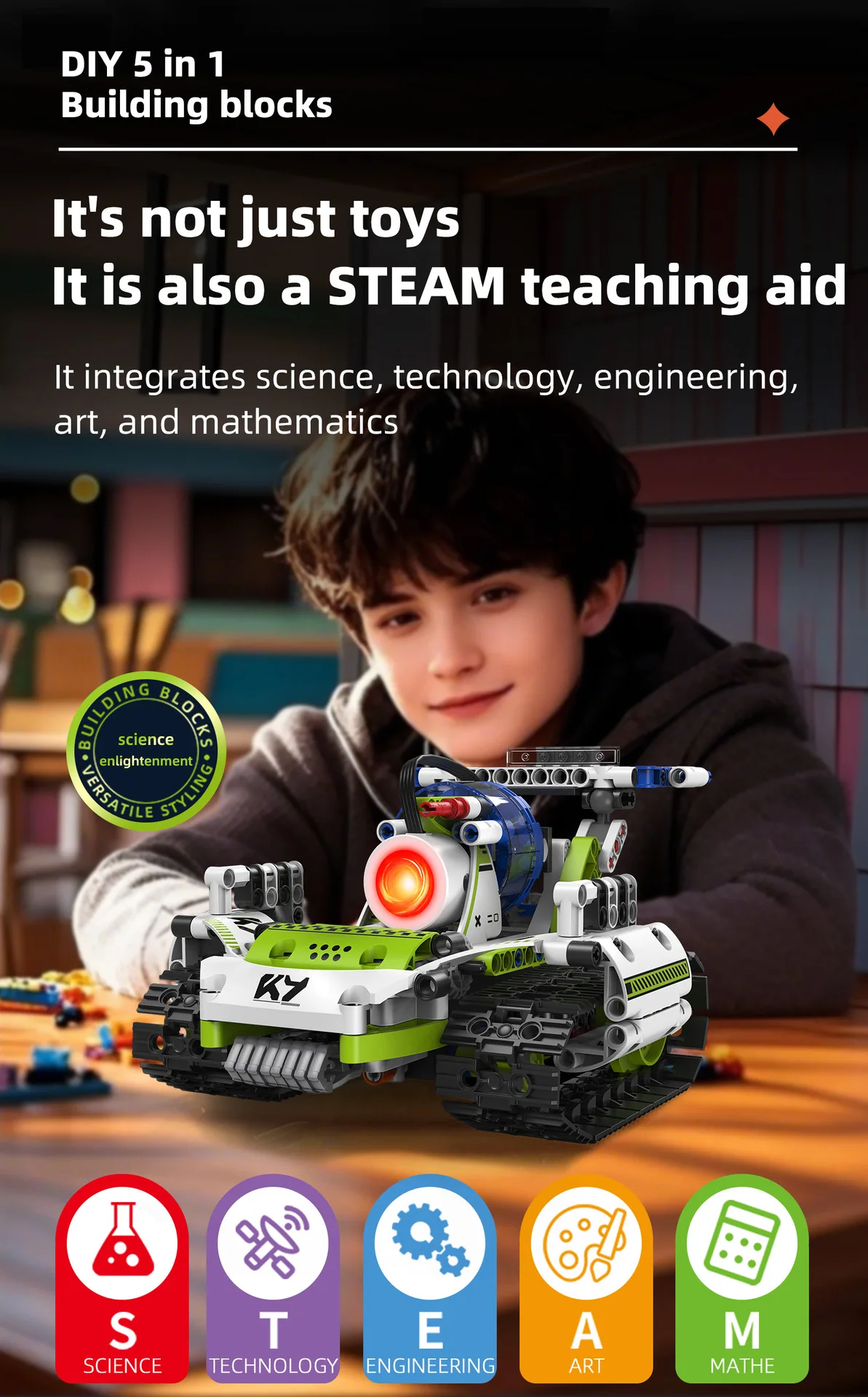 K96158 337PCS 5-in-1 Electric Remote Control Programmable Robot STEM Educational Coding Toy with Digital Display