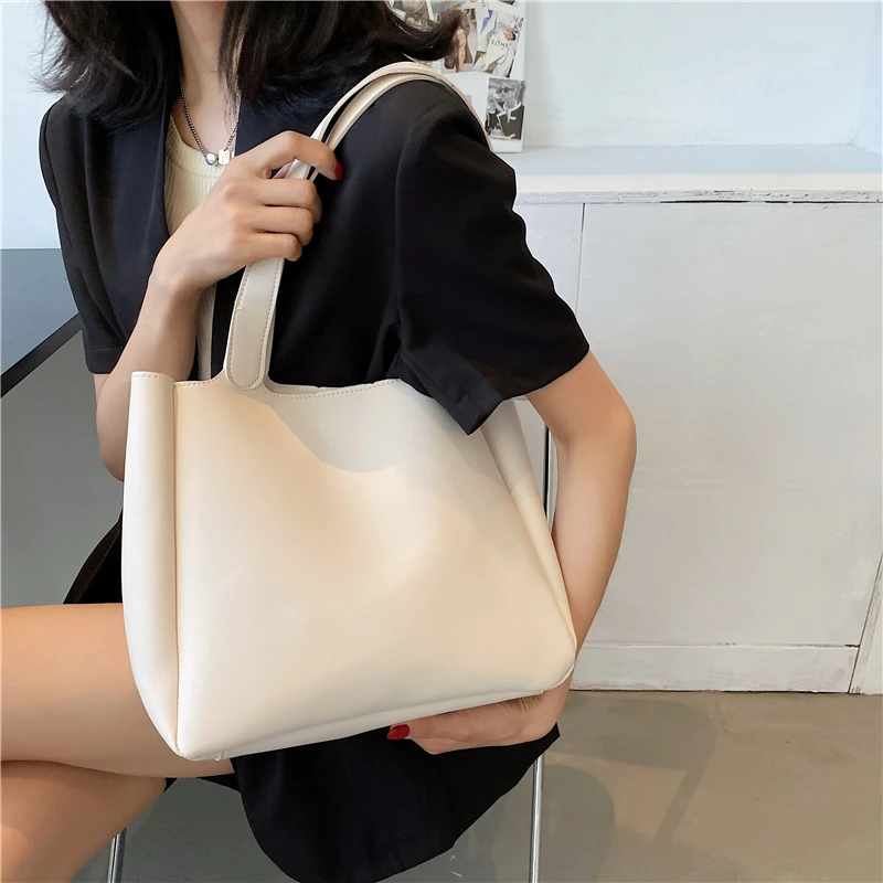 Luxury Solid Color Trend Women Tote Bag High Quality PU Leather Handbags Designer Female Casual Large Capacity Shoulder Bags