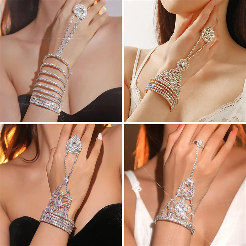 Multi-layered imitation rhinestone integrated ring bracelet, alloy hand jewelry, women's wedding bridal accessory