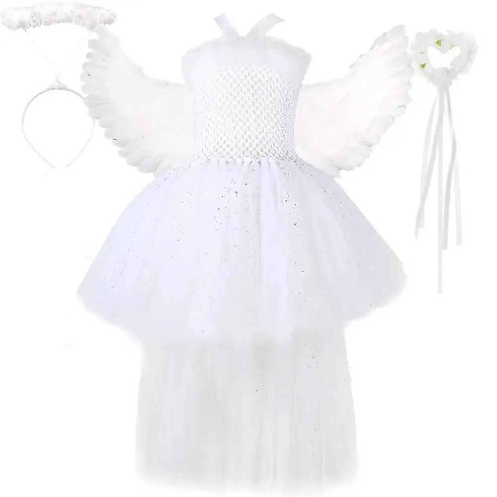 White Angel Sequined Tulle Trailing Princess Puffy Long Dress With Feather Wings Outfit For Children Halloween Birthday Party