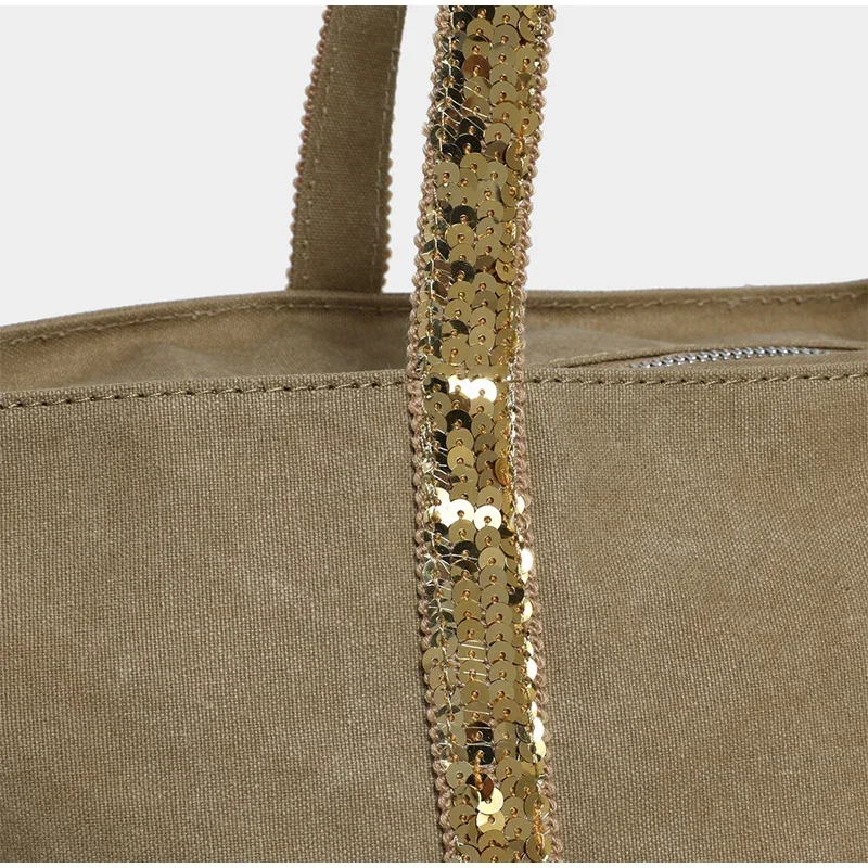 Pailletten-Canvas-Einkaufstasche mit Reißverschluss, große Kapazität, Vintage-Kontrastfarbe, Damen-Umhängetasche, Designer-Pendler-Alltagshandtasche, Schwarz – Detail 4